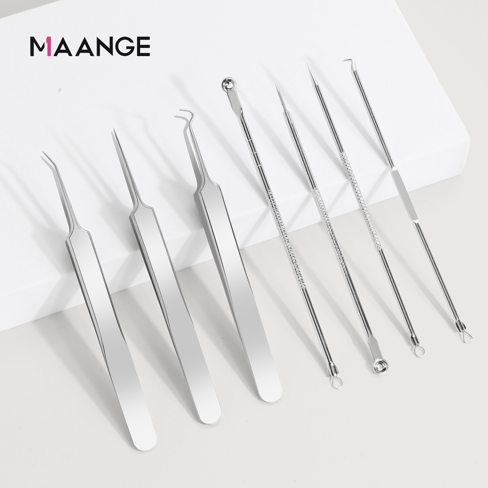 MAANGE 7 Pc/Set Alat Facial Pencabut Komedo &amp; Jerawat Silver (Pinset Komedo) Komedo Jerawat Penghilang Jerawat Pinse Sil