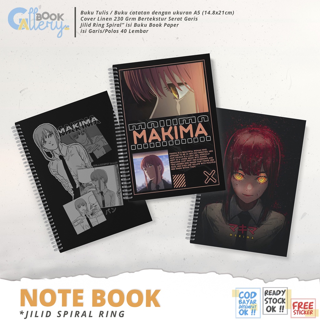 

[SP] Buku Tulis / Buku Catatan / Note book Anime Chainsaw Man, Makima Jilid Ring Spiral Dengan isi Book Paper Garis/Polos 50 Lembar Free Poster dan Stiker Ukuran A5