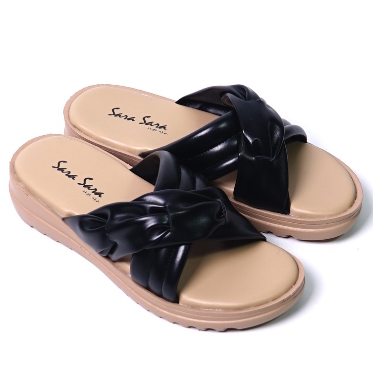 SARASARA YUK - Sandal Wanita Wedges SARA SARA HALLE Sendal Cewek Platform Wegdes Hak Tinggi 4cm Model Silang 2 Size 35 36 37 38 39 40 Pergi Jalan Santai Rumah Slop Warna Black Hitam Selop Premium Kekinian Terbaru Shoes ORI Mall Official Store