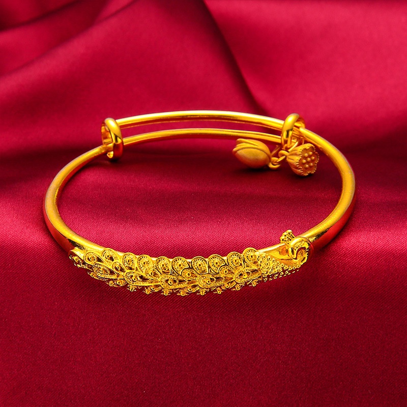 Goldkingdom Perhiasan Fashion Emas Asli Kadar 375 Bangkok Aksesoris Ready Stock Gelang Merak Gilt Wanita Mengirim Ibu Bunga Sutra Pernikahan Pengantin Push Handle Cincin