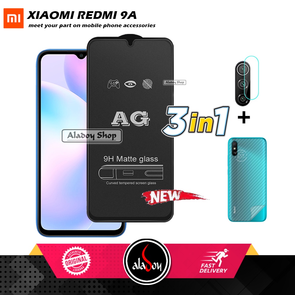 Paket 3IN1 Tempered Glass Layar Matte Anti Glare XIAOMI REDMI 9A Free Tempered Glass Camera dan Skin Carbon