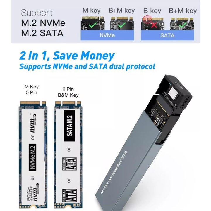 NVMe NGFF Dual Protocol Case enclosure box M.2 SATA PCIe M key/M+B Key SSD Gen 2 USB 3.1