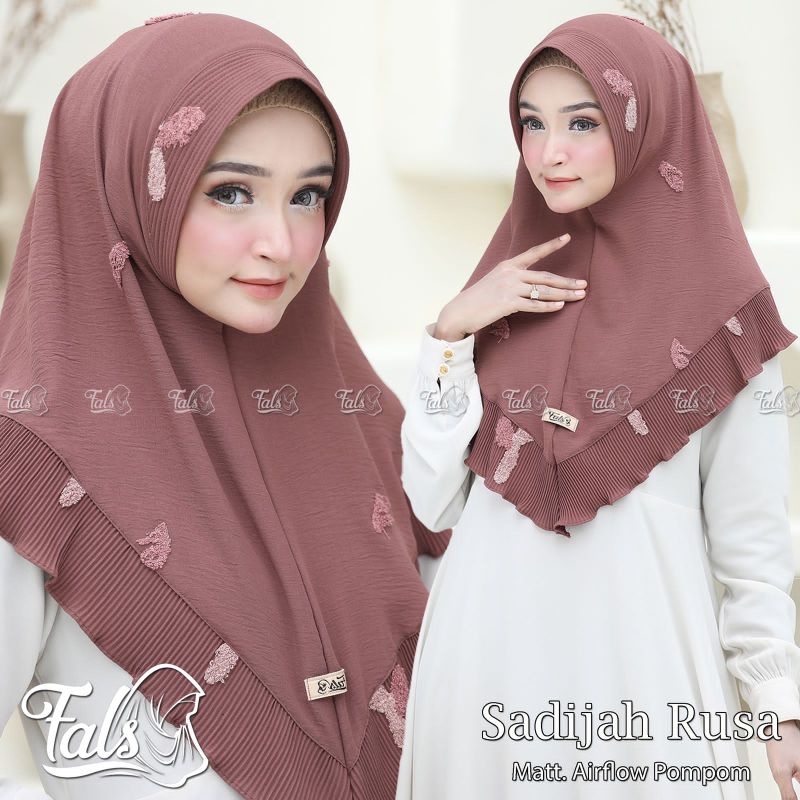 (Ori Fals) SADIJAH RUSA •jilbab instan airflow pom pom•kerudung pet plisket rempel