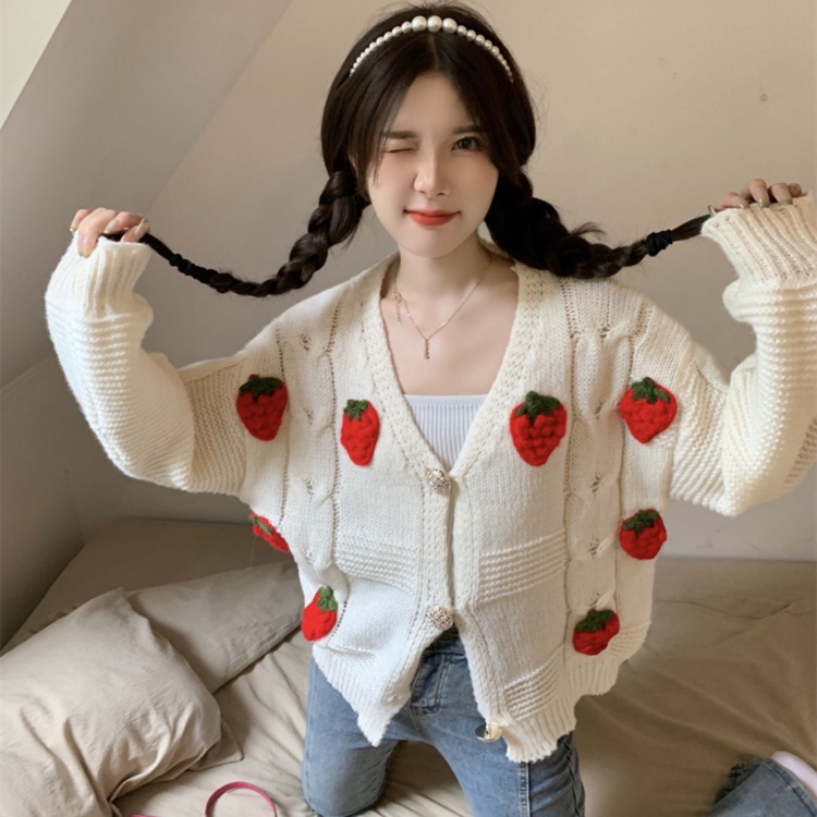 MOOGU ♡ Kardigan rajut longgar stroberi berdiri cardigan korea coat wanita