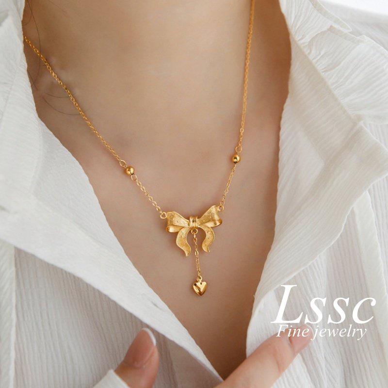 Kalung Titanium Anti Karat Pita Lucu Cantik Emas 18K Aksesoris Wanita Fashion Korea