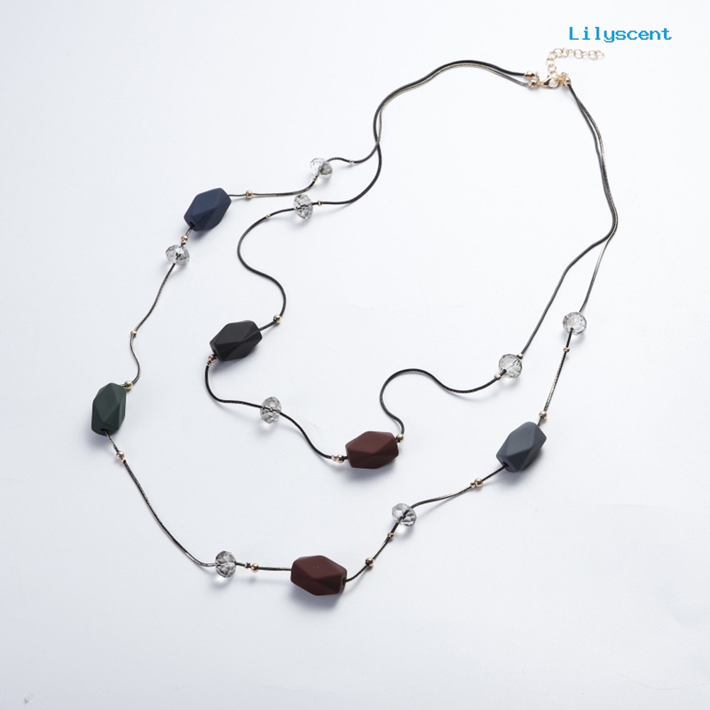 [LS] Ringkas Double Layers Geometri Beads Kalung Rantai Panjang Wanita Ornamen