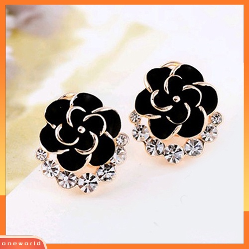 [WONE] Wanita Peony Camellia Bunga Berlian Imitasi Alloy Ear Stud Earrings Perhiasan Pesta