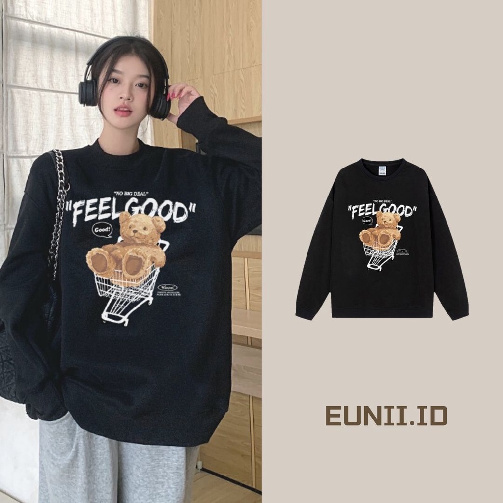 EUNII Sweater Lengan Panjang Cartoon Plush Shopping Bear Korean Style/Hoodie Oversize/Baju Wanita/Switer Wanita