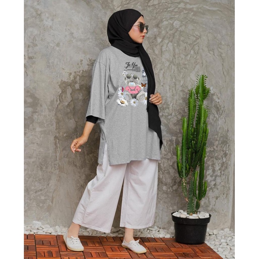 KAOS OVERSIZE TOP HIJAB WANITA BASIC DTF BUNGA BEAR / OVERSIZE SLIT BLOUSE GAMBAR DTF / DIGITAL PRINT