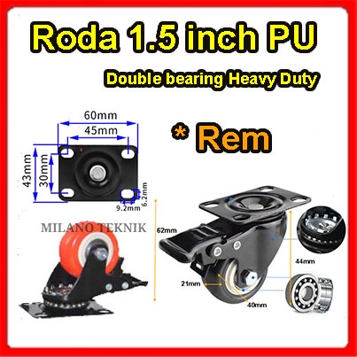 Roda 1.5 PU Rem+Double Bearing Heavy Duty Plate Troli Funiture/pcs