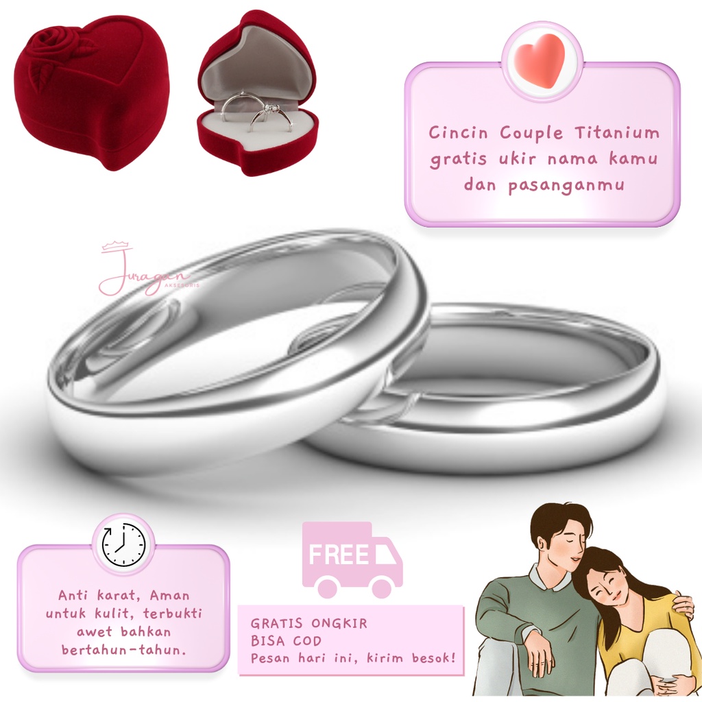 [GRATIS UKIR NAMA] Cincin Couple Romantis Ailoviu Titanium Anti Karat M54 Hadiah Tunangan Pasangan Pria Wanita Silver Putih