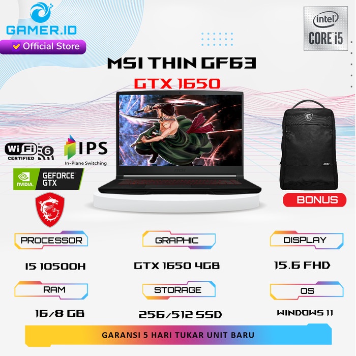 MSI THIN GF63 GTX1650 4GB I5 10500H 16GB 512SSD W10 15.6FHD