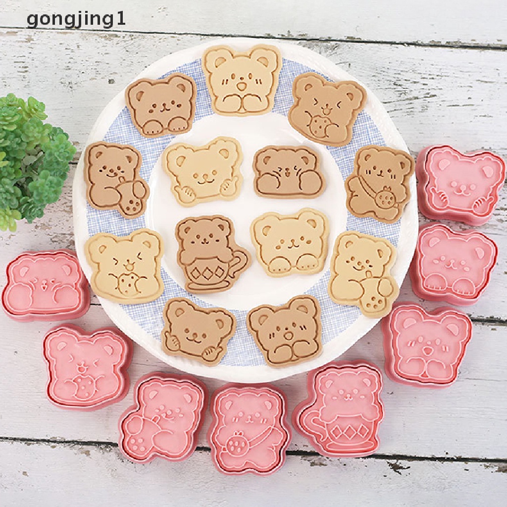 Ggg 8PCS Pemotong Kue Kering Bentuk Beruang Plastik 3D Cookie Stamp Biscuit Pressable Mold ID