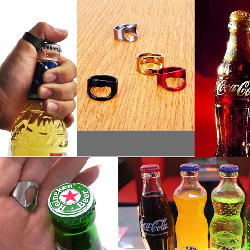 ღ 4 PCS Multi-Fungsi Stainless Steel Warna Jari Cincin Pembuka Botol Cincin Cincin Bentuk Bir Botol Pembuka