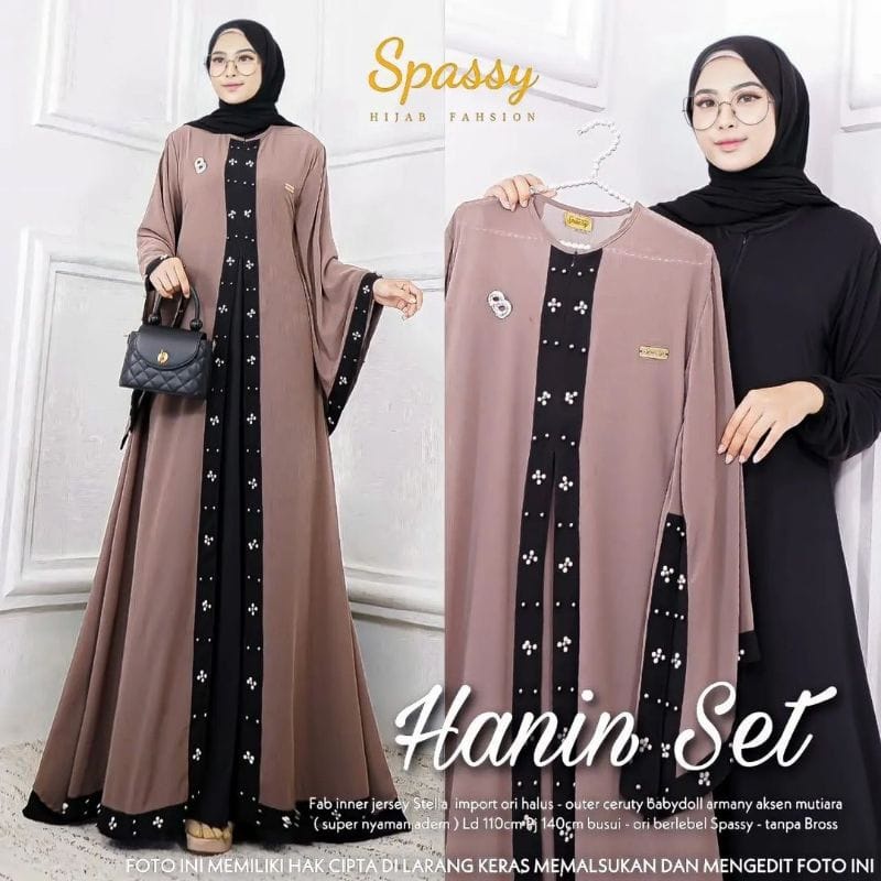 Hanin Set Gamis Abaya Kaftan Outer Panjang Ceruty Babydoll Setelan Wanita Jumbo Baju Kondangan One Set Wanita Kekinian