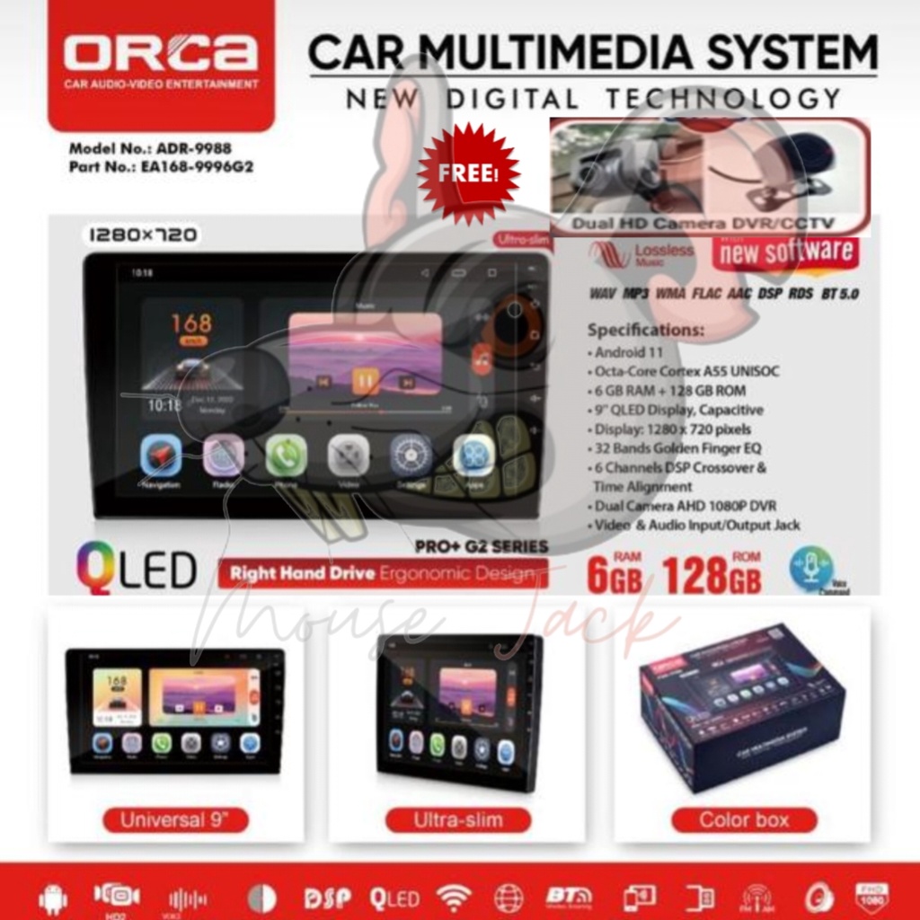 Head Unit Android 9 inch ORCA ADR-9988 PRO+ G2 Gen 2 DSP Dual DVR/CCTV