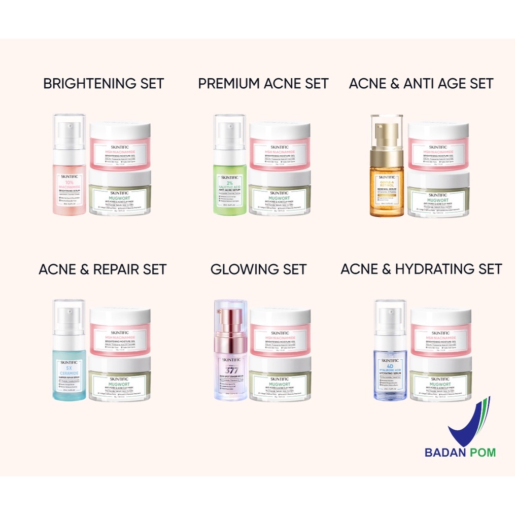 [Ready Stock] ori SKINTIFIC 3pcs Daily Glowing &amp; Acne Set- MSH Niacinamide Moisture Gel /Mugwort Acne Clay Mask Mud Mask Face Masker Wajah / Brightening Serum /Anti Acne Serum 20ml / Symwhite 377 Dark Spot Eraser Serum 20ml / Hydrating Serum 20ml Packet