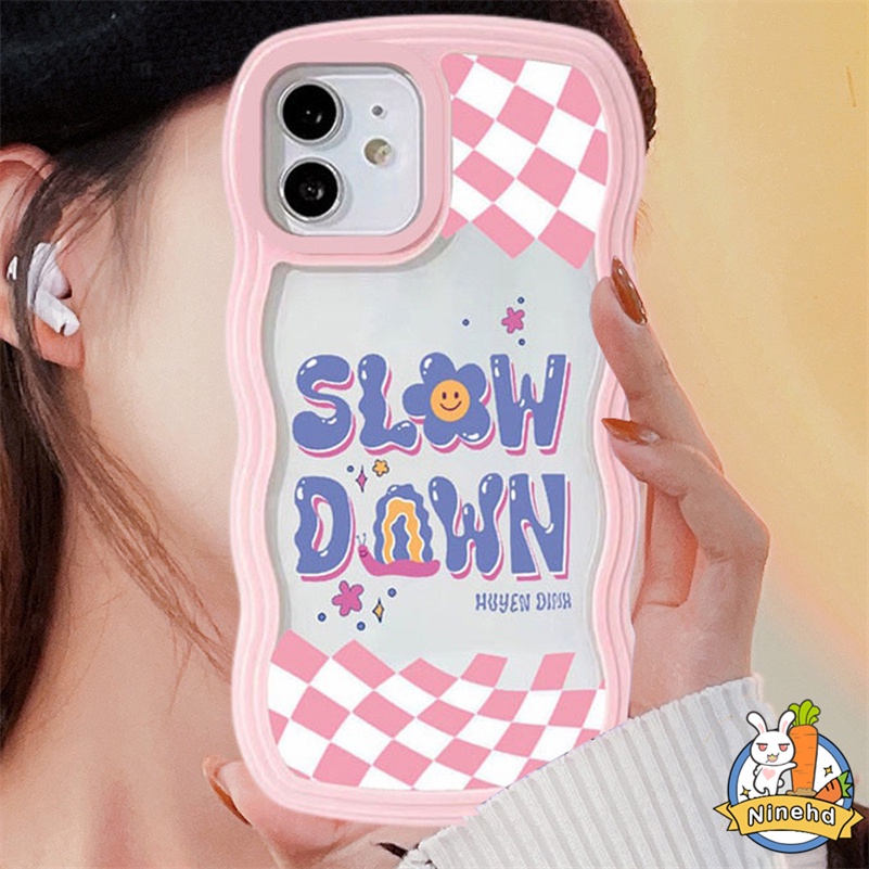 IPHONE Casing Kompatibel Untuk Iphone14 13 12 11 Pro Max X Xr Xs Max8 7 6 6s Plus Kreatif Premium Pink Kotak-Kotak Pola Kata Bingkai Bergelombang Casing Ponsel Silikon Bening Soft Case Cover Pelindung