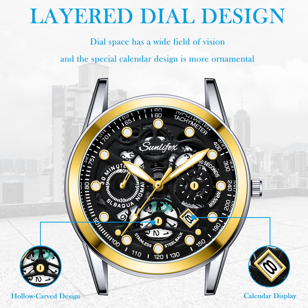 Sunlifex Jam Tangan Pria  9001 Original Display Kuarsa Anti Air Tali Stainless Steel Santai Mode Jam Tangan Cowok-3