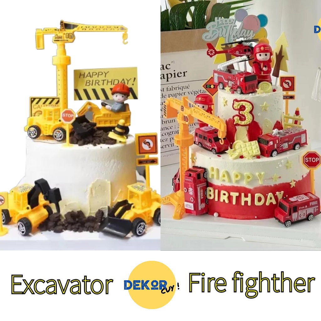 CAKE TOPPER KUE ULANG TAHUN BENTUK MOBIL TRUK EXCAVATOR SET / Dekorasi Kue Ulang Tahun Mobil