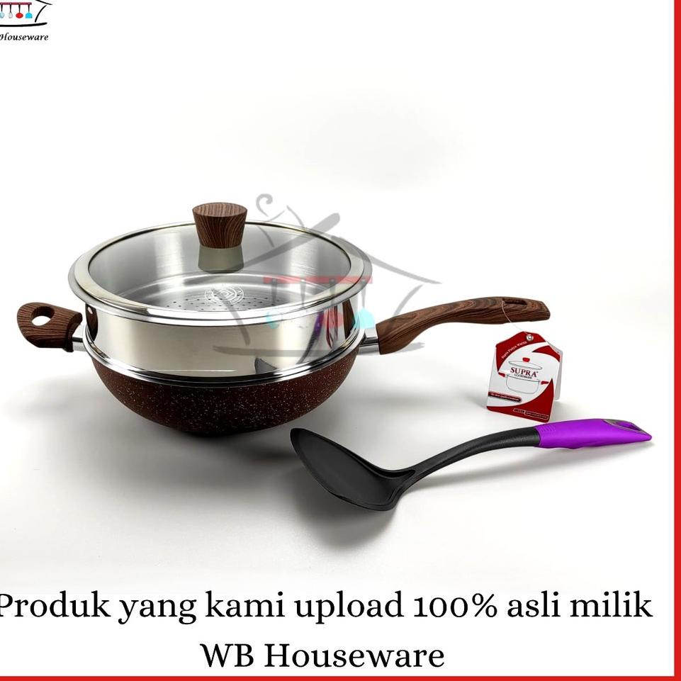 stir wok 28cm granite + steamer + sodet / stir wok set anti lengket supra coklat X60G