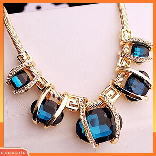 [WONE] Wanita Fashion Shiny Pendant Chain Choker Pendek Statement Bib Biru Kalung