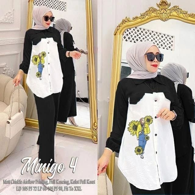 Stelan Crinkle Terbaru Minigo Set Baju Kemeja Wanita Setelan Celana Panjang One Set Jumbo Aplikasi Sablon Setelan Wanita Kekinian