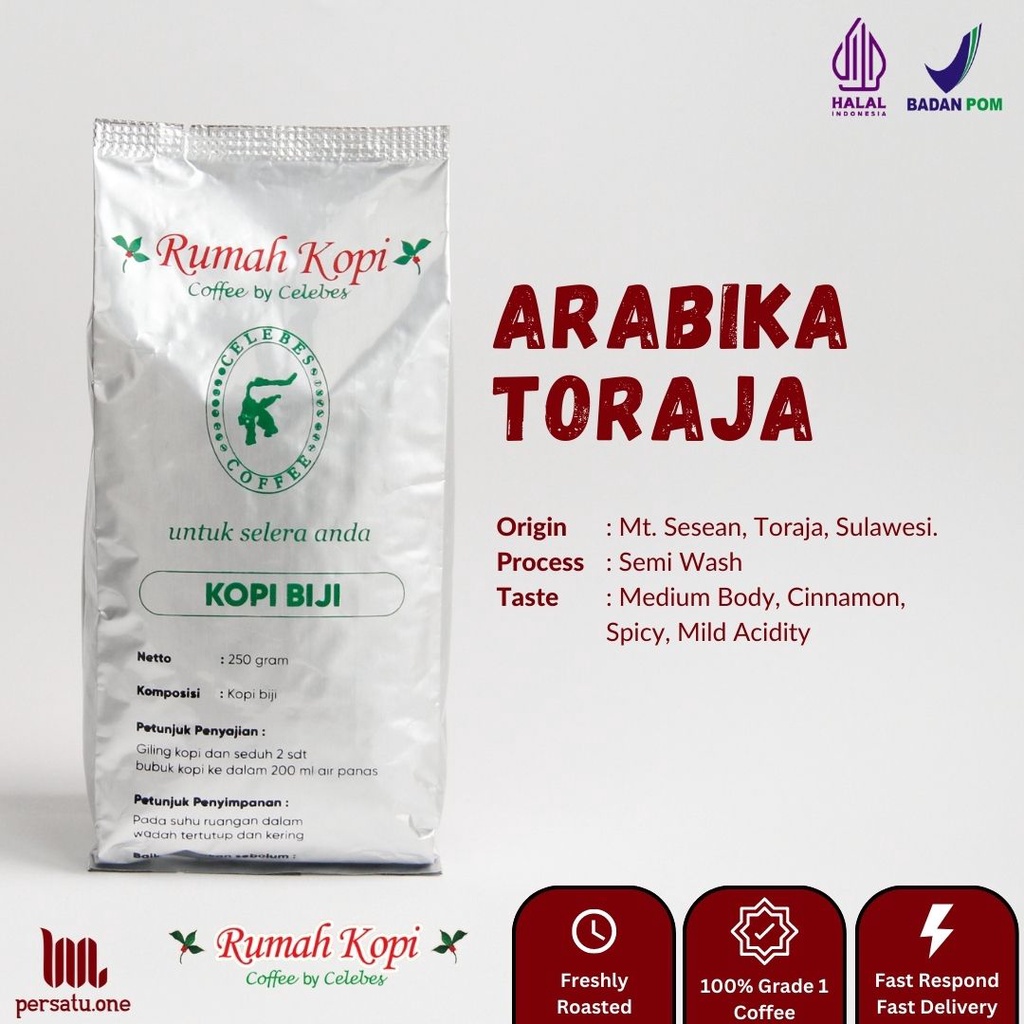 

Kopi Arabika Toraja Biji/Giling Halus/Medium | CELEBES COFFEE | Kemasan 100, 250, dan 500 gram