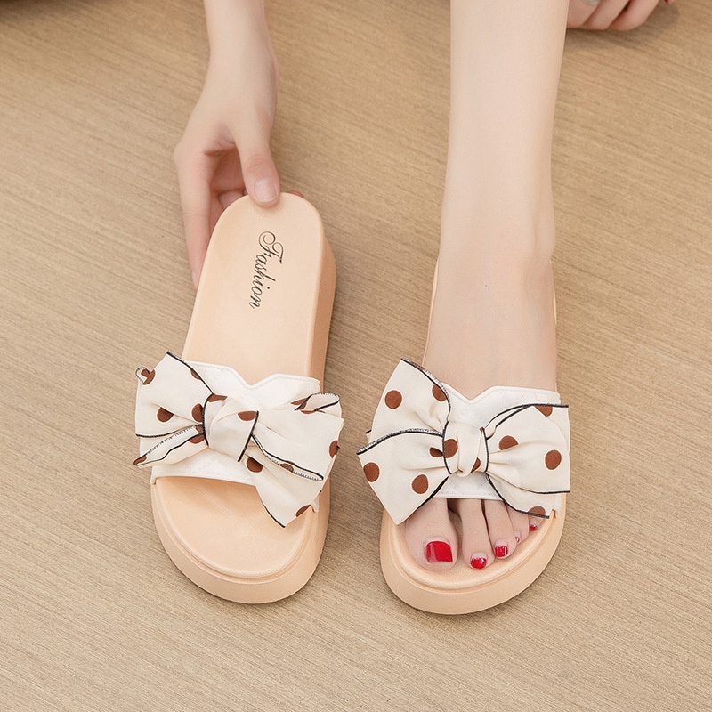 Sandal Slop Wanita Wedges Slip On Motif Pita Dot Fashion Korea Style Cewek Sandal Kasual Nyaman PVC Azgalery SPT-35