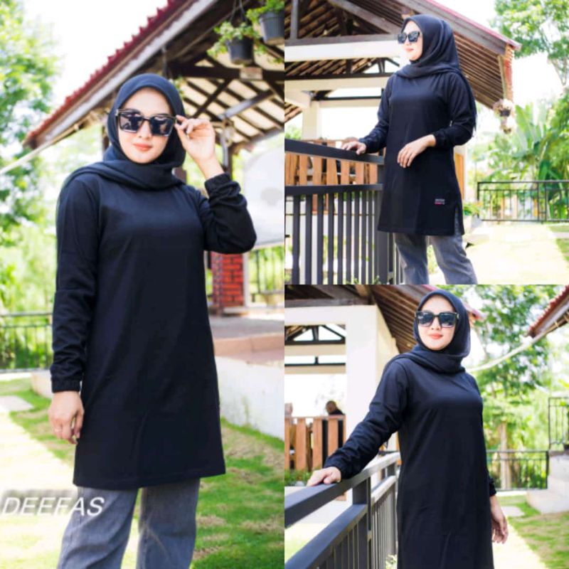 TUNIK 07&gt; POLOS KAOS WANITA TANGAN PANJANG KERUT PAKAI KARET JAHITAN BELAH PINGGIR TERLARIS BAHAN KATUN KOMBET 20S