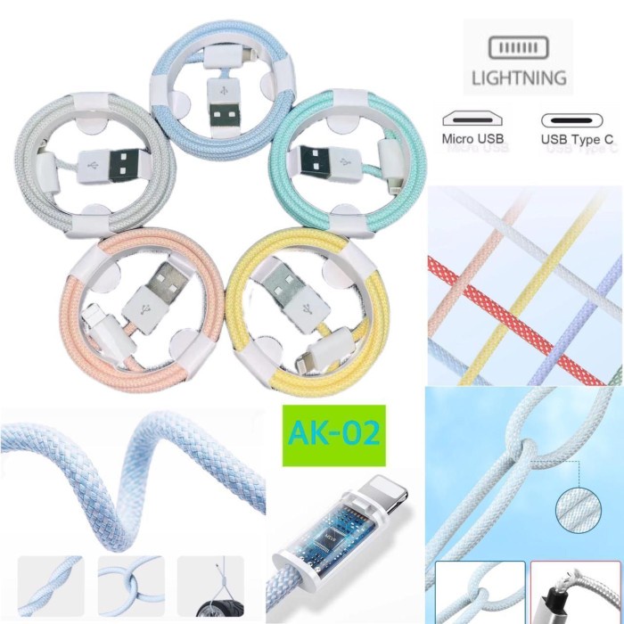 Kabel Data Macaron AK-02 Micro USB V8 Type-C iPhone Fast Charging Kabel Charger Warna Warni