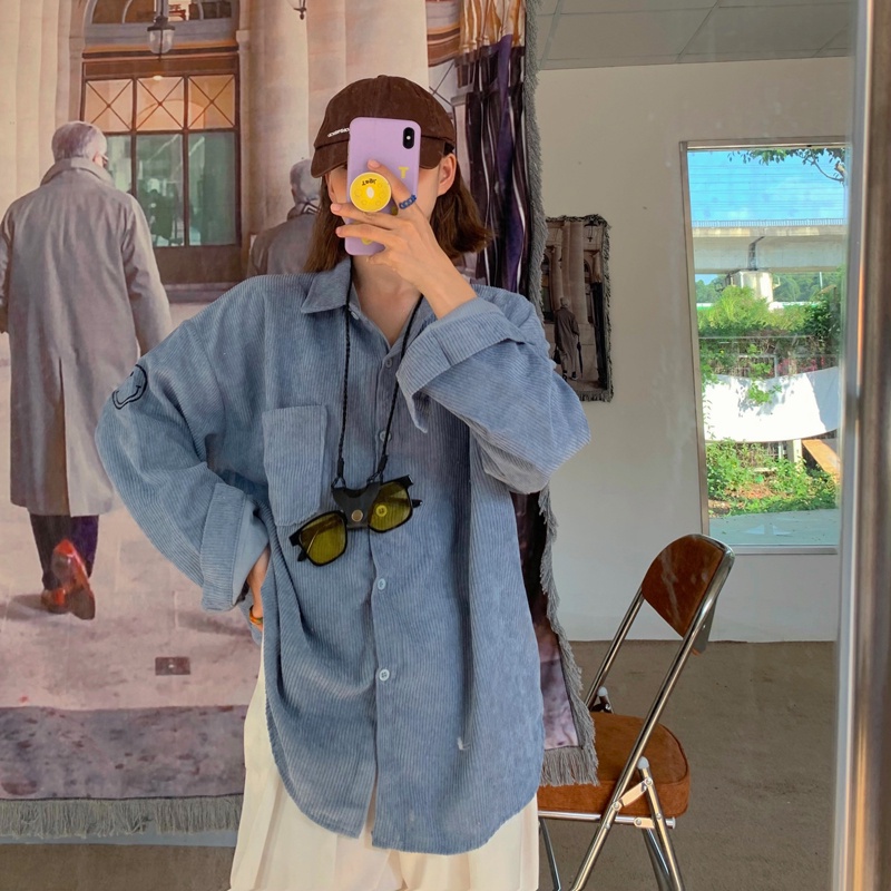 [chaoo.id]Corduroy Shirt Kemeja Lengan Panjang Wanita Retro Korean Style baju atasan wanita Oversize Import kekinian ootd