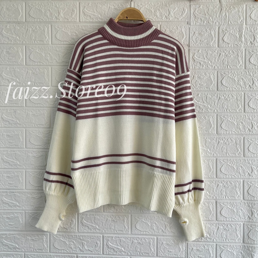 JEHA TURTLELNEC SWETER RAJUT RAJUT MOTIF STRIPPY ROUNHAND TANGAN MODEL MANSED