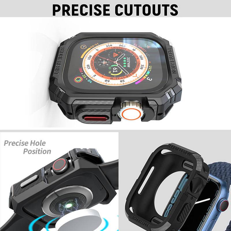 Military Toughed Frame Case Untuk Apple Watch Ultra 49mm Tekstur Serat Karbon Bumper Tombol Logam Untuk iWatch 49mm