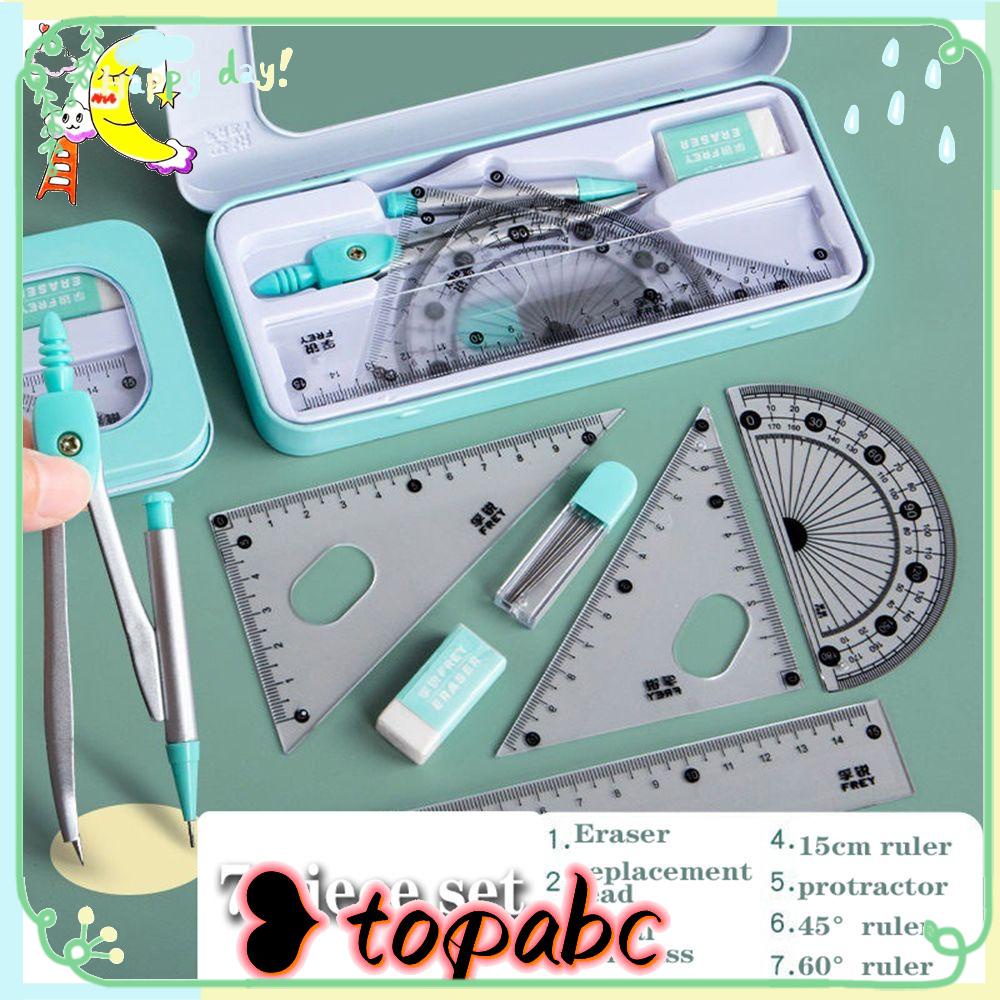 Top 7PCS/Set Penggaris Compasses Set Pengukur Penggaris Set Math Belajar Perlengkapan Sekolah Alat Tulis Eraser