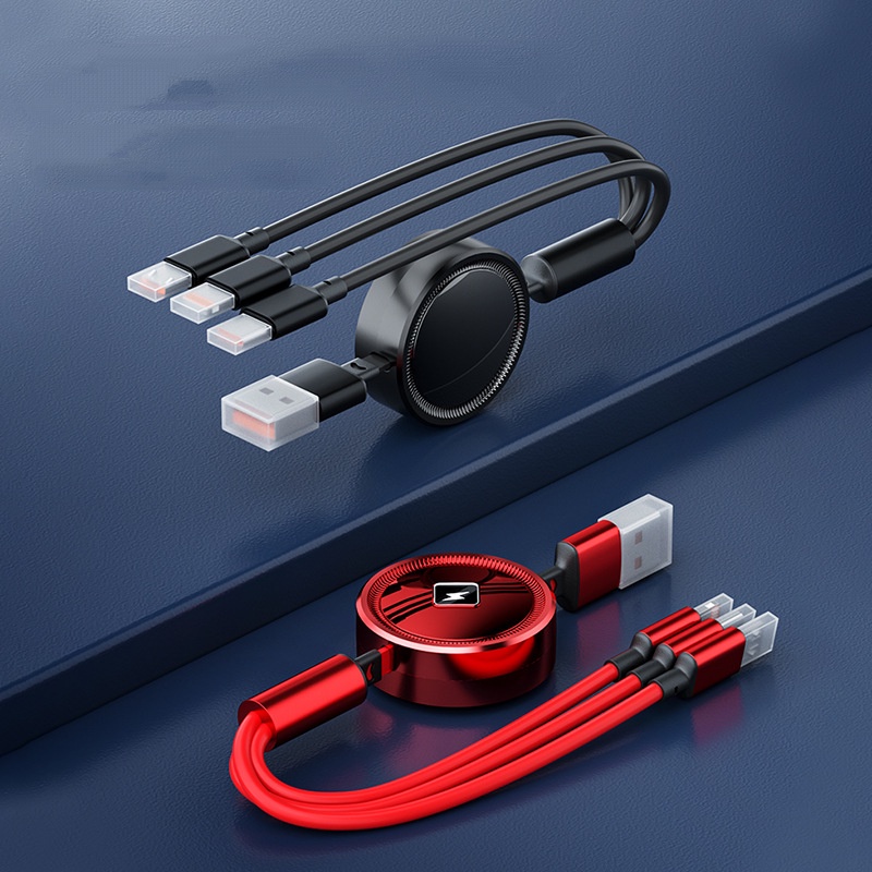 Mirror Four-core Three-in-One Mobile Phone Charging Cable 5A Super Fast Charge Satu Drag Tiga Kabel Data Teleskopik