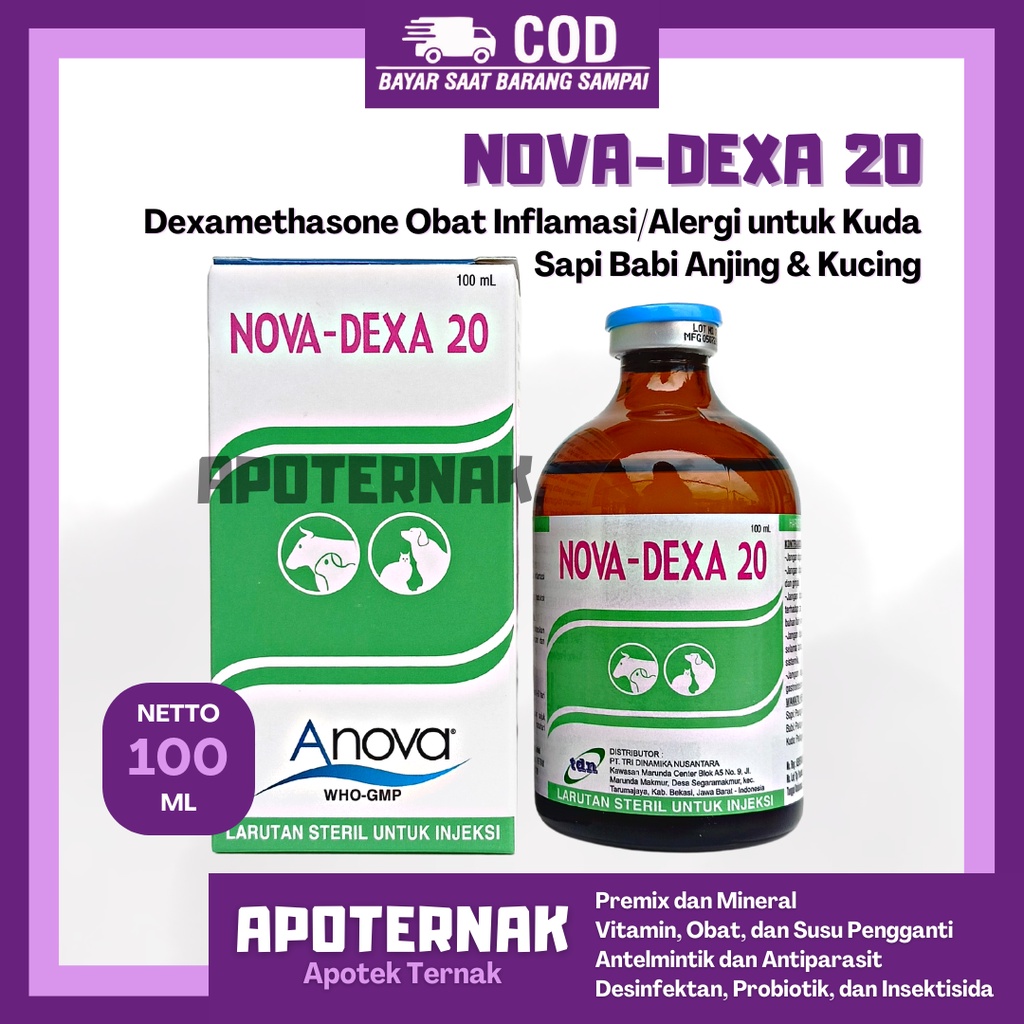 NOVA DEXA 20 | Dexamethasone Obat Anti Inflamasi /Radang /Alergi untuk Kuda Sapi Babi Anjing dan Kucing | 100 ml | ANOVA