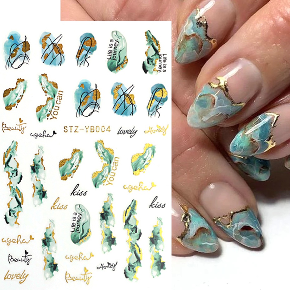 1lembar Garis Marmer Mekar Desain 3D Stiker Kuku Biru Kupu-Kupu Manicure Decal Slider DIY Foil Garis Abstrak Kuku Seni Dekorasi