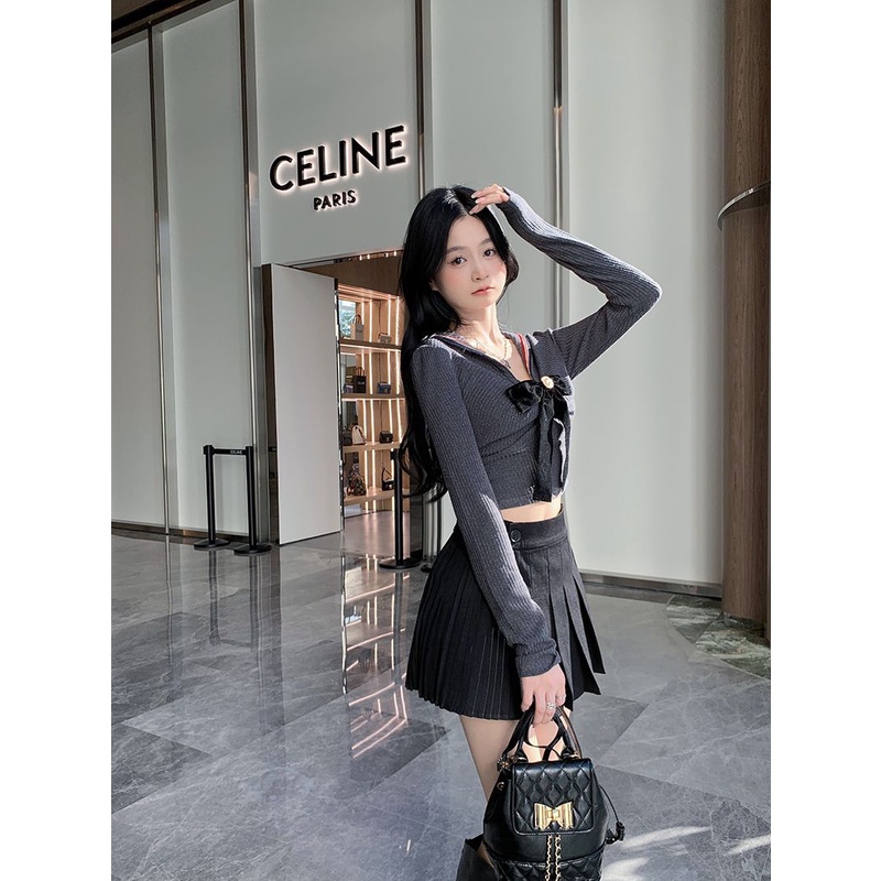 ☒✾✔Suhao Versi Korea Angkatan Laut Kerah Lengan Panjang Rajutan Kemeja Wanita Musim Gugur 2022 Baru Pullover Slim-Fit pendek Sweater Top