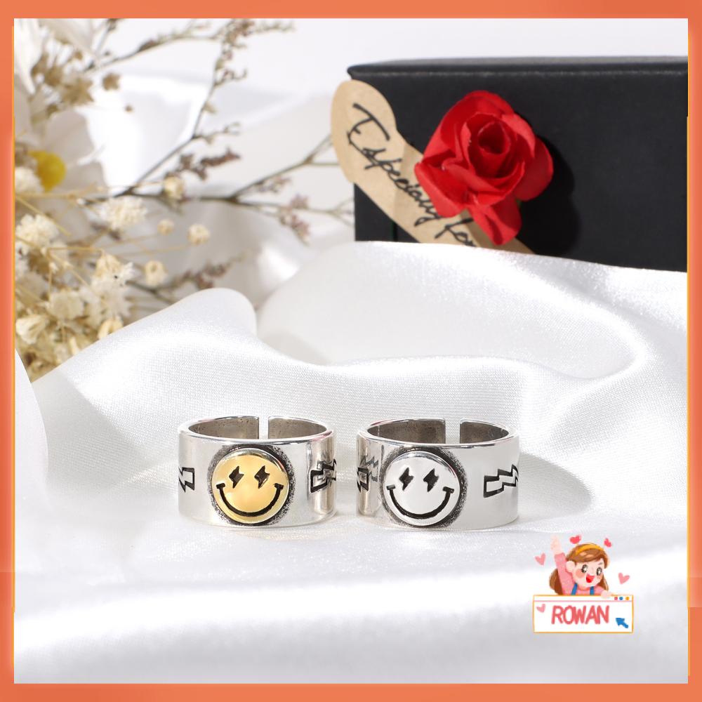 R-flower 1/2PCS Cincin Smiley Face Warna Silver Vintage Rantai Jari Terbuka