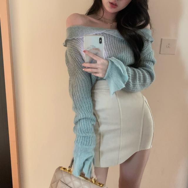 Suhao hot girl biru off-the-shoulder sweater lengan terompet wanita setelan one-piece longgar pelangsingan rasa desain ceruk pakaian rajut top