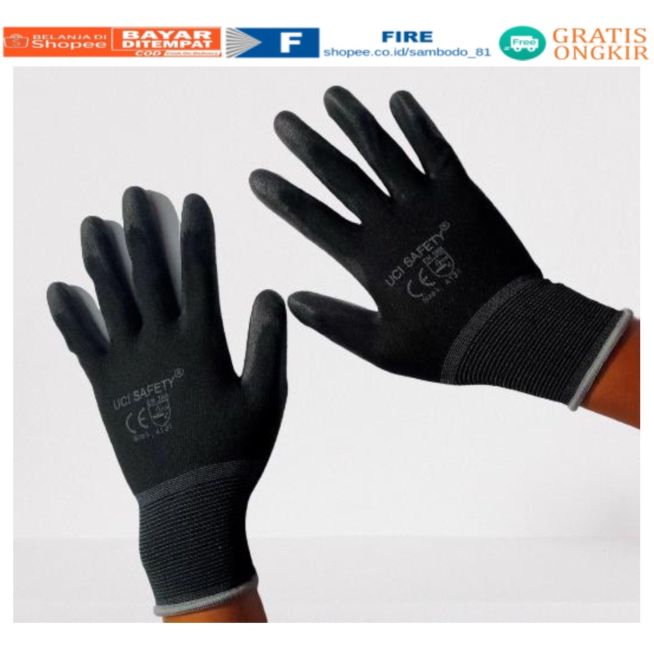 Sarung Tangan Statis Multitask Karet Palm Fit Ukuran S,M, L, XL Proyek Satpam Anti Slip Hitam Black Hand Gloves Mekanik Montir Berkebun Tukang Telapak Tangan dilapisi karet Bahan Nylon Polyester Elektronik Assembly