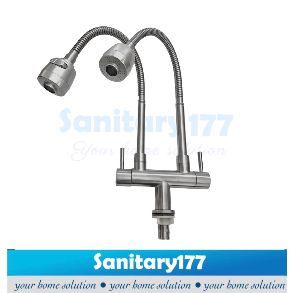 Kran sink double dapur TANAM meja stainless 304 angsa fleksibel  FV26-Keran air wastafel 2in1 tebal stenlis cuci piring 2 lubang sink minimalis Flexible