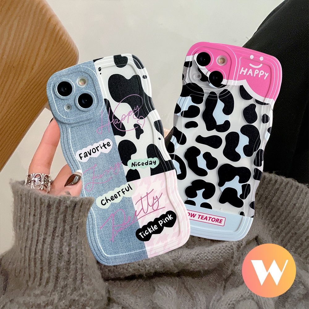 IPHONE Fashion Leopard Print Soft Tpu Case Kompatibel Untuk Iphone11 Pro Max XR 7Plus X XS Max7 8 6s 6 14 Plus 12 11 13 14 Pro Max SE 2020 Denim Patch Splicing Lucu Smiley Cover