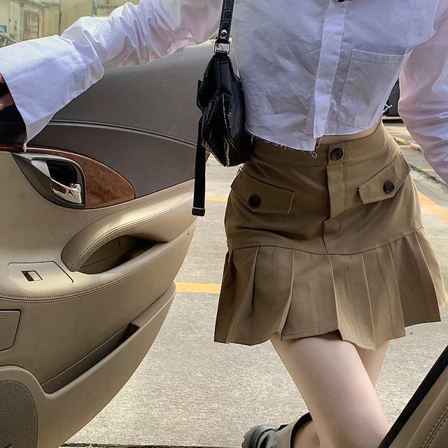Suhao one-piece suit leg school sister ~ selera desain ceruk lengan panjang tidak beraturan kemeja pendek wanita + rok lipit tipis berpinggang tinggi