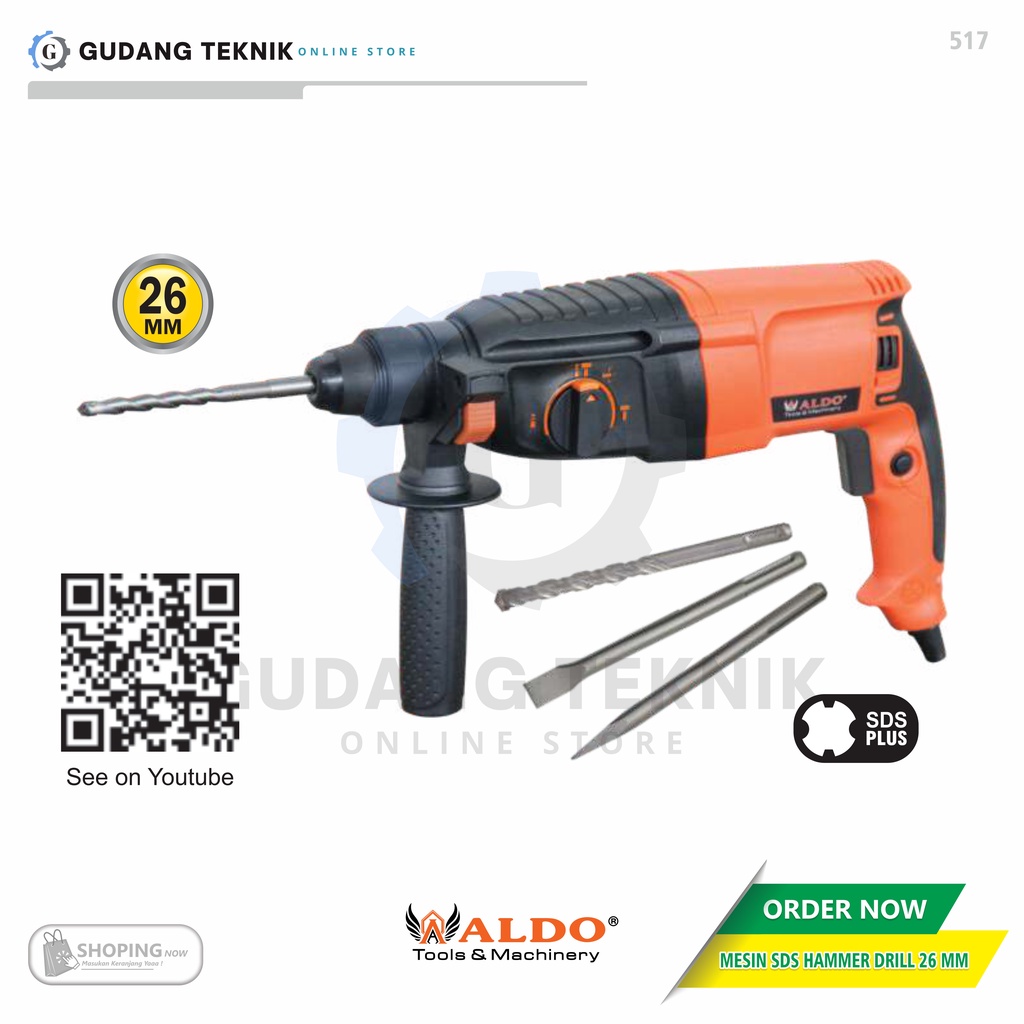 Mesin Bor Hammer Drill 800W ALDO 517  / Mesin Bor Beton SDS PLUS Hammer Drill 26mm ALDO 517 - SDS Hammer Drill ALDO 517