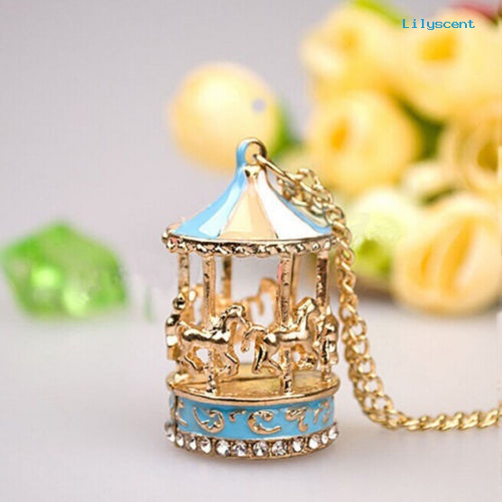 [LS] Wanita Enamel Carousel Merry-Go-Round Charm Liontin Kalung Rantai Hadiah