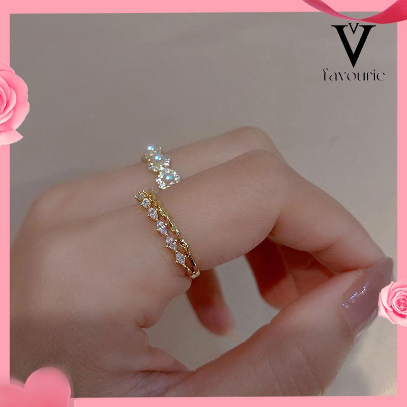 CODDouble-layer Retro Pearl Diamond Ring Niche Light Desain Mewah Cincin Dapat Disesuaikan Terbuka-FA