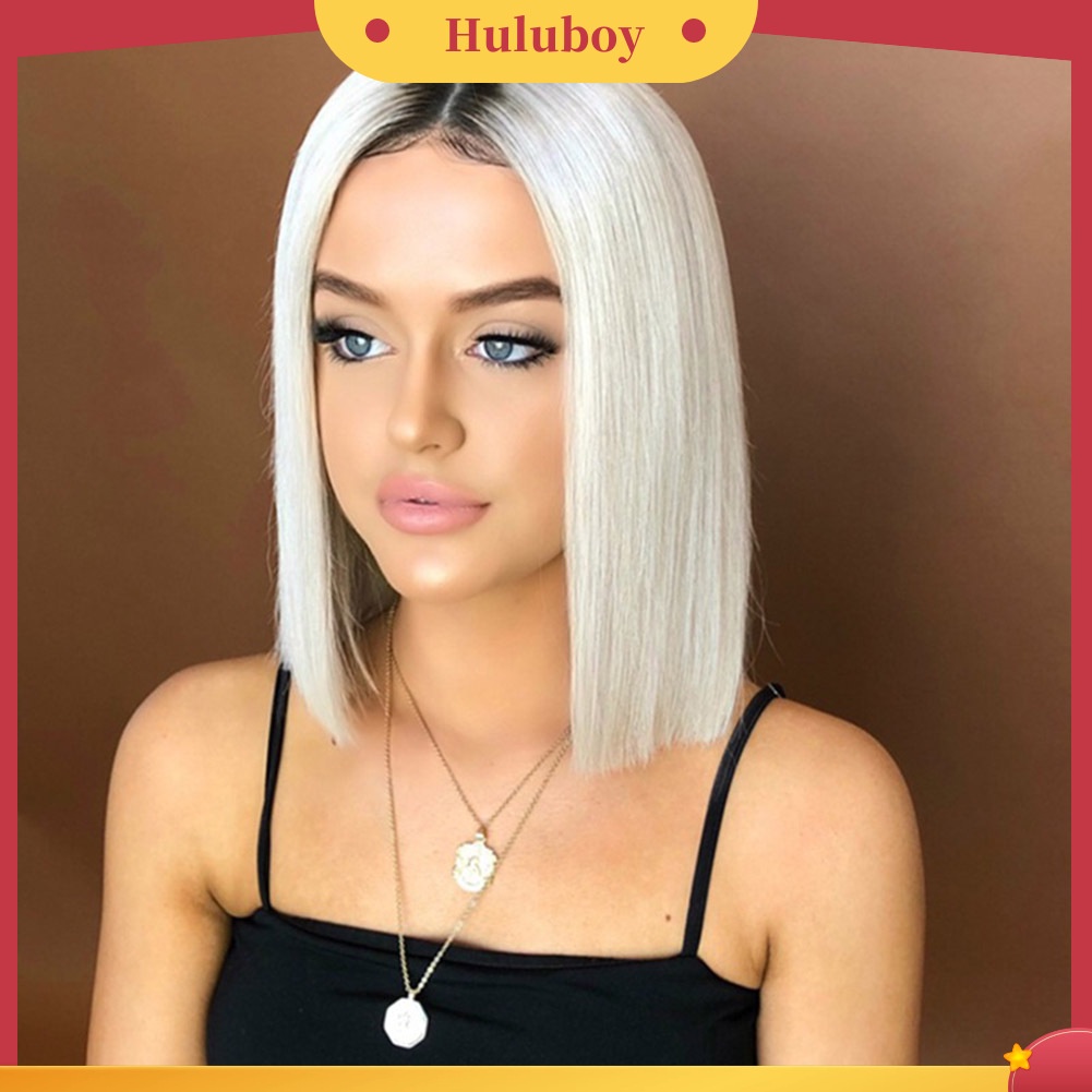Wig Rambut Sintetis Model Lurus Warna Gradasi Hitam Putih Tahan Panas Untuk Wanita