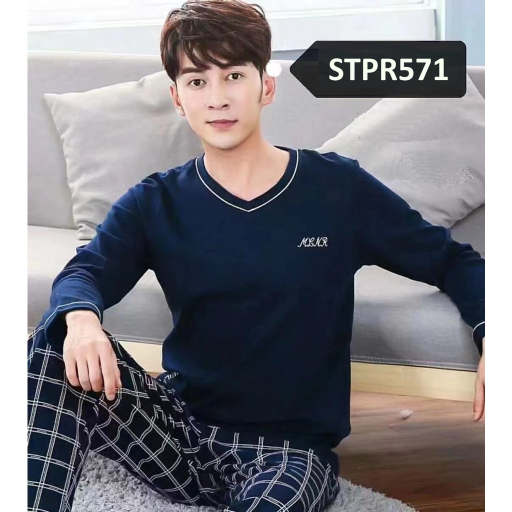 Baju Tidur Pria Piyama Pria Lengan Panjang Celana Panjang Sport Navy